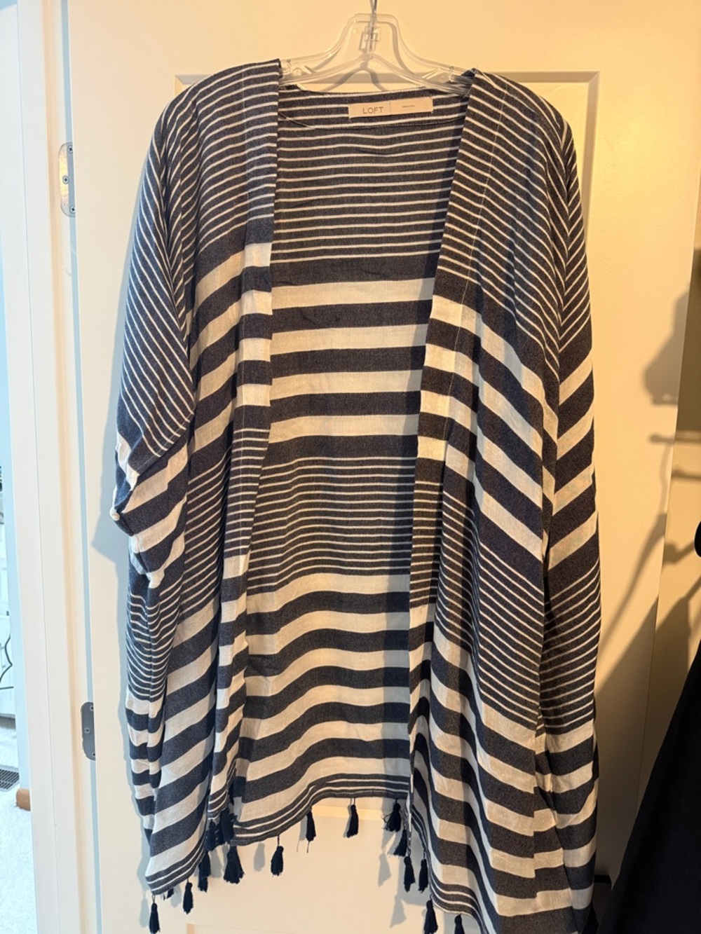 LOFT Navy and White Striped Tassel Open Cardigan/Kimono